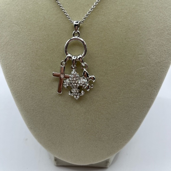 Silver Charm Necklace with Cross and Fleur-de-lis with Rhinestones Necklace - Picture 12 of 14